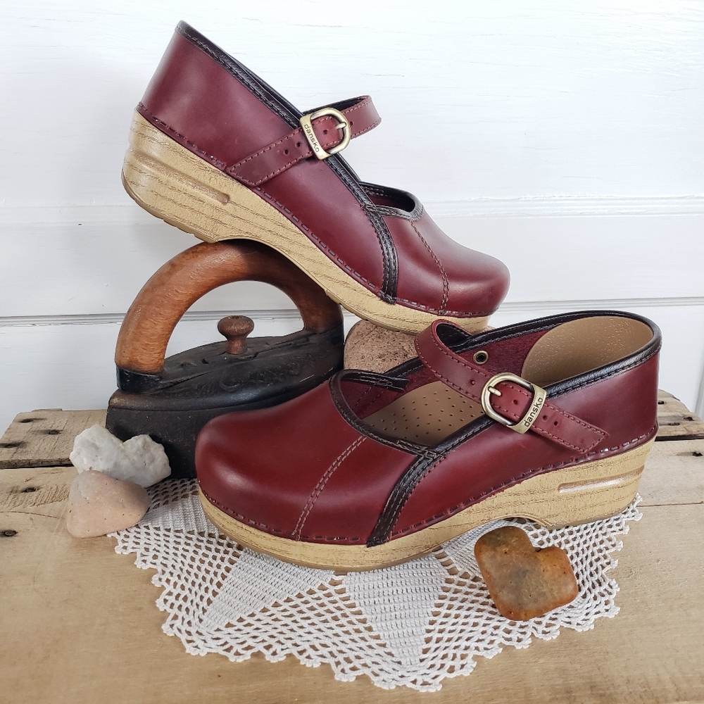 Strawberry Red Dansko Pro Clogs Marcelle Mary Jane Straps Buckles Boho Cottage